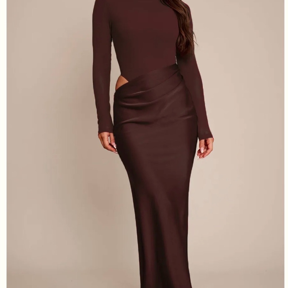 Chocolate Mesh Long Sleeve Draped Maxi Dress
